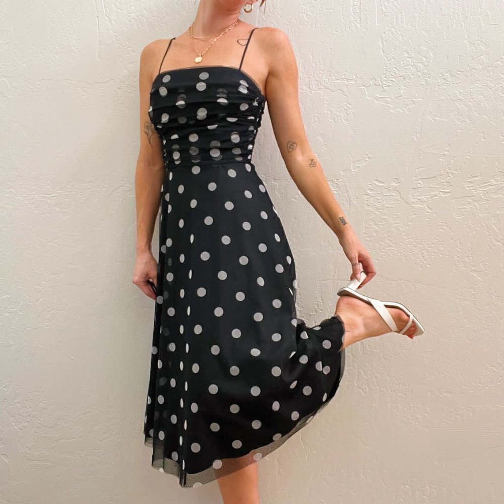 Vintage 90s/Y2K Eliza J Black Polka Dot Ruched Chiffon Fit Flare Midi Dress - Picture 10 of 12